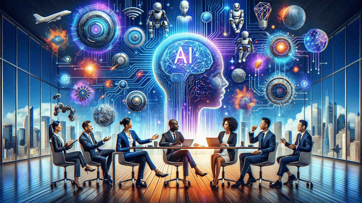 AI adoption illustration showing people collaborating with AI technology